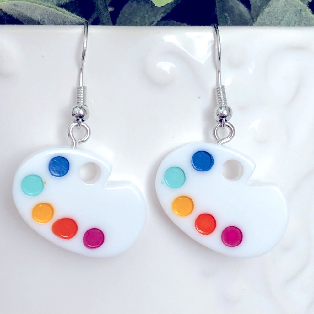 New Artist Painter Palate Rainbow Dangling Earrings Handmade Fun Colourful Gift